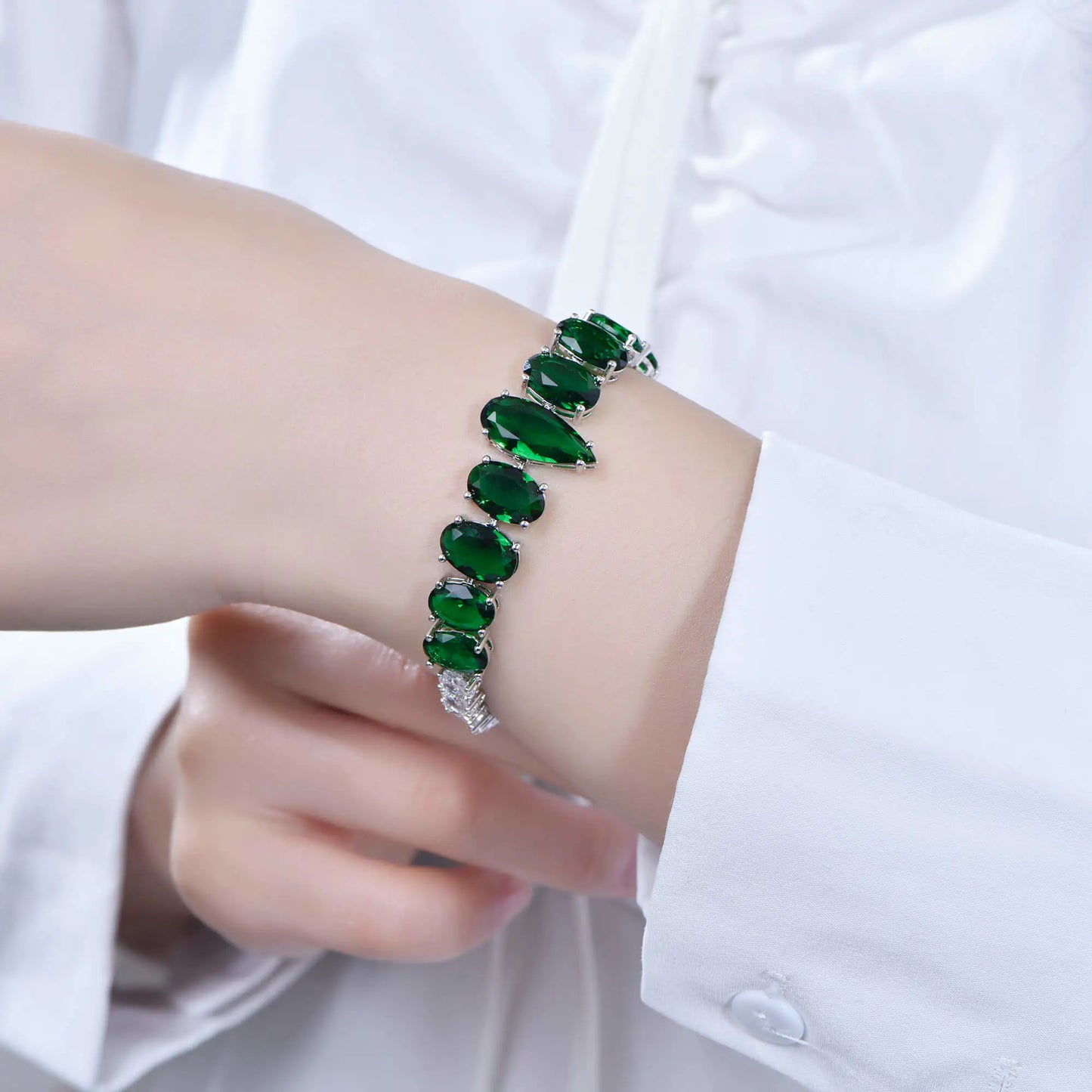 Wholesale Silver CZ & Glass Lab Created Emerald and Diamond Tennis Bracelet