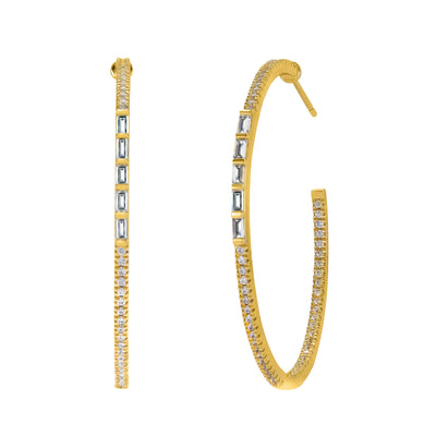 14K Yellow Gold Baguette Round Diamond Statement Half CC Hoop Earrings for Women Kirin Jewelry