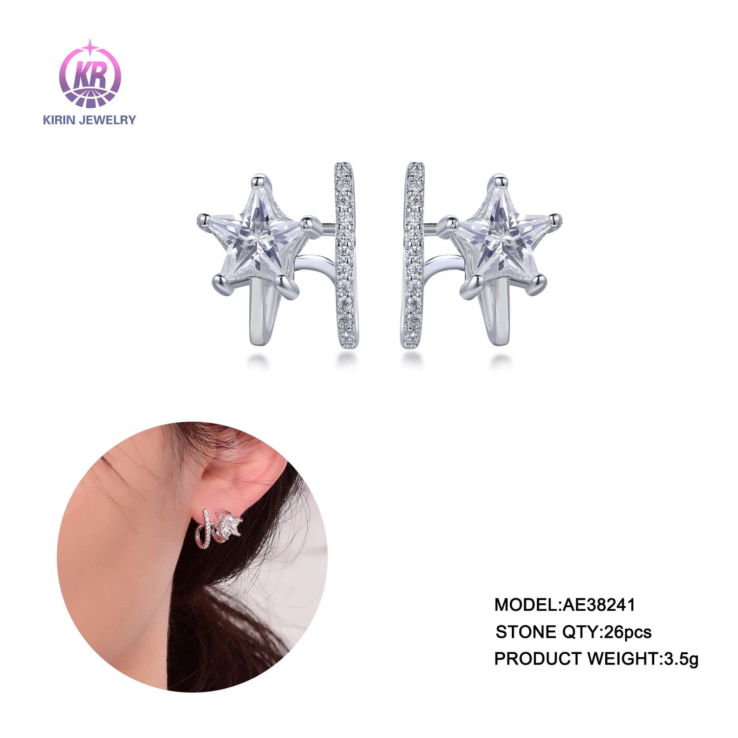 925 Sterling Silver Rhodium Plated CZ Star & Hoop Front Back Earrings for Women
