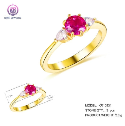 925 silve ring with 14K gold plating rose red CZ 10531 Kirin Jewelry