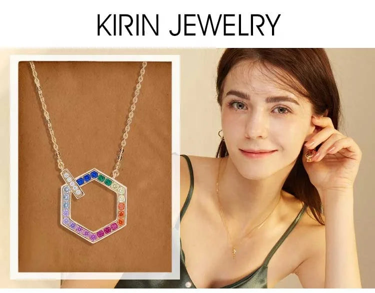 925 silver hexagonal pendant rose gold hexagonal pendant necklace rainbow hexagonal crystal pendant Kirin Jewelry