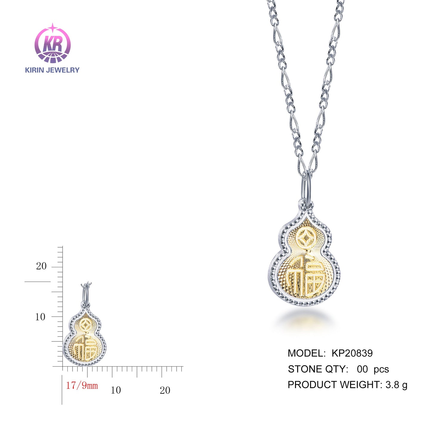 925 silver pendant with 2-tone plating rhodium and 14K gold KP20839 Kirin Jewelry