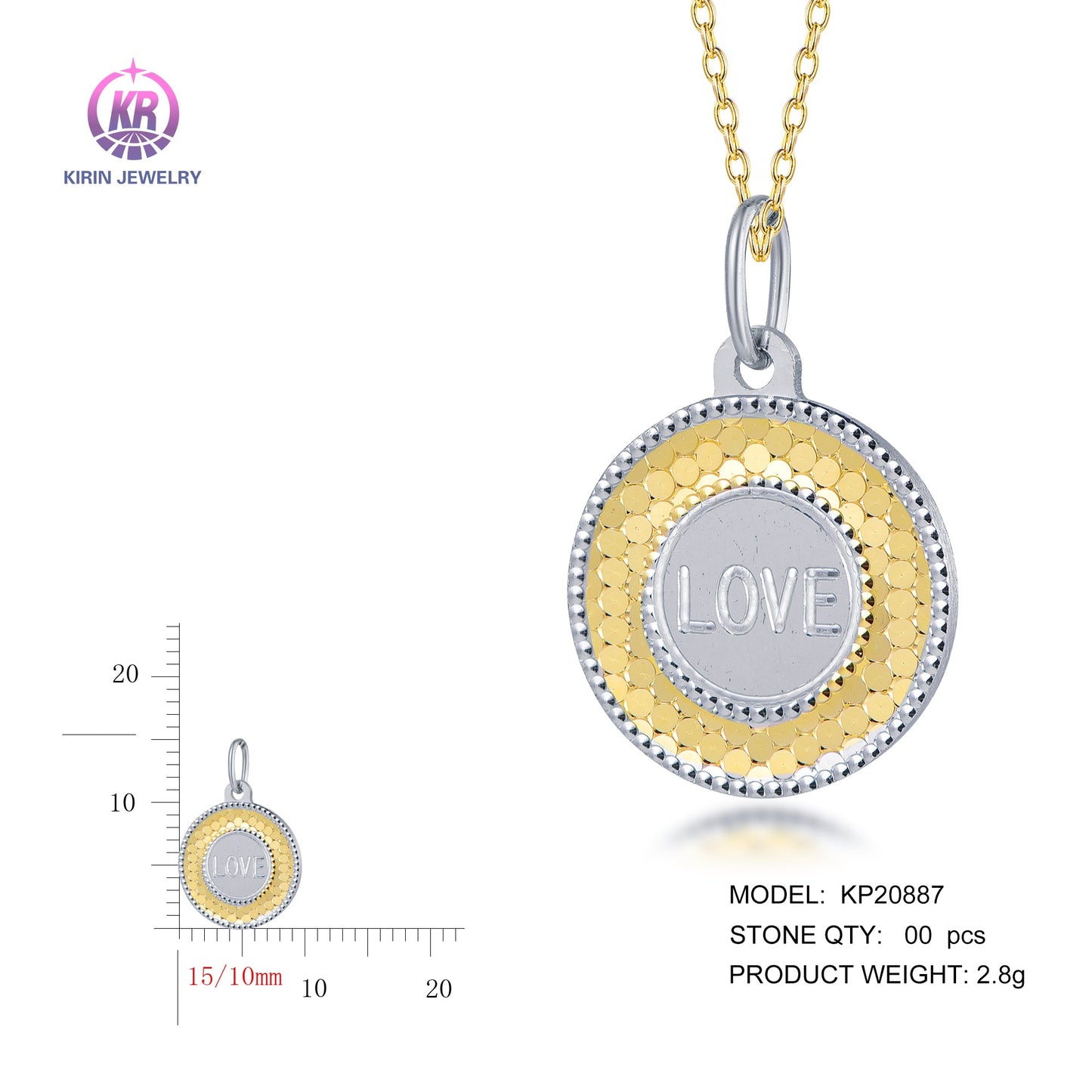 925 silver pendant with 2-tone plating rhodium and 14K gold KP20887 Kirin Jewelry