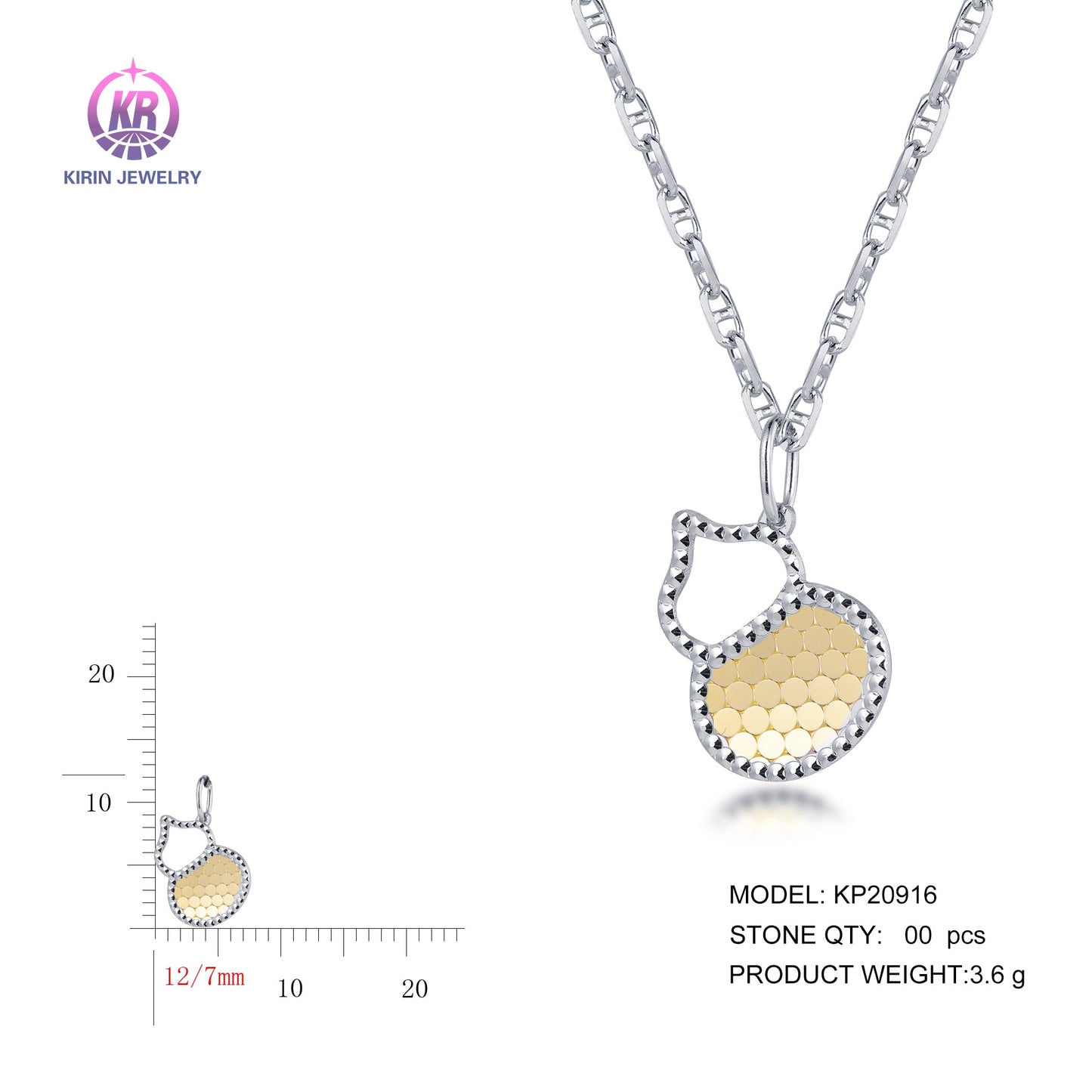 925 silver pendant with 2-tone plating rhodium and 14K gold KP20916 Kirin Jewelry