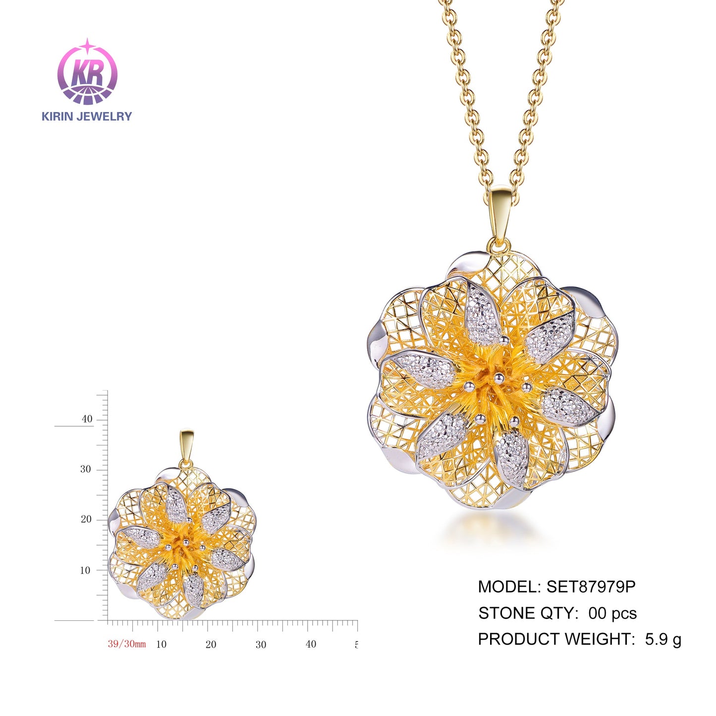 925 silver pendant with 2-tone plating rhodium and 14K gold SET87979P Kirin Jewelry