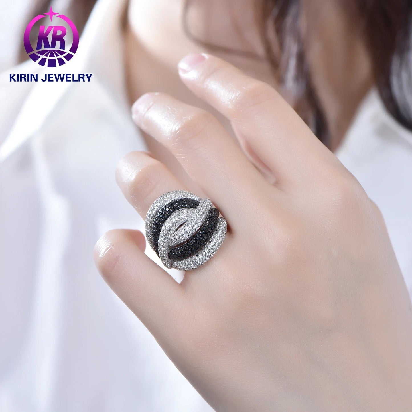 Crossover Black and White Two Tone Vintage Gemstone Rings for Women