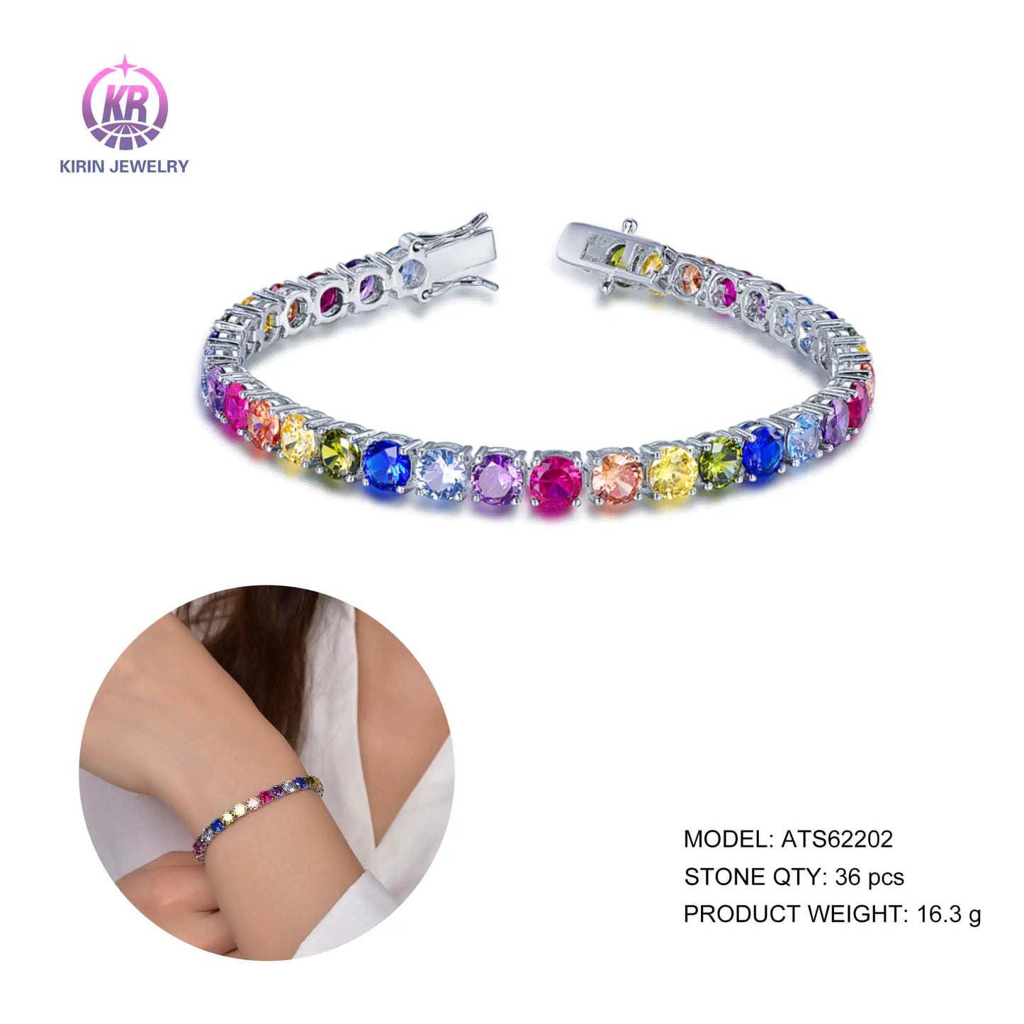 Custom Silver CZ & Glass & Corundum Rainbow Gemstone Tennis Bracelet for Women