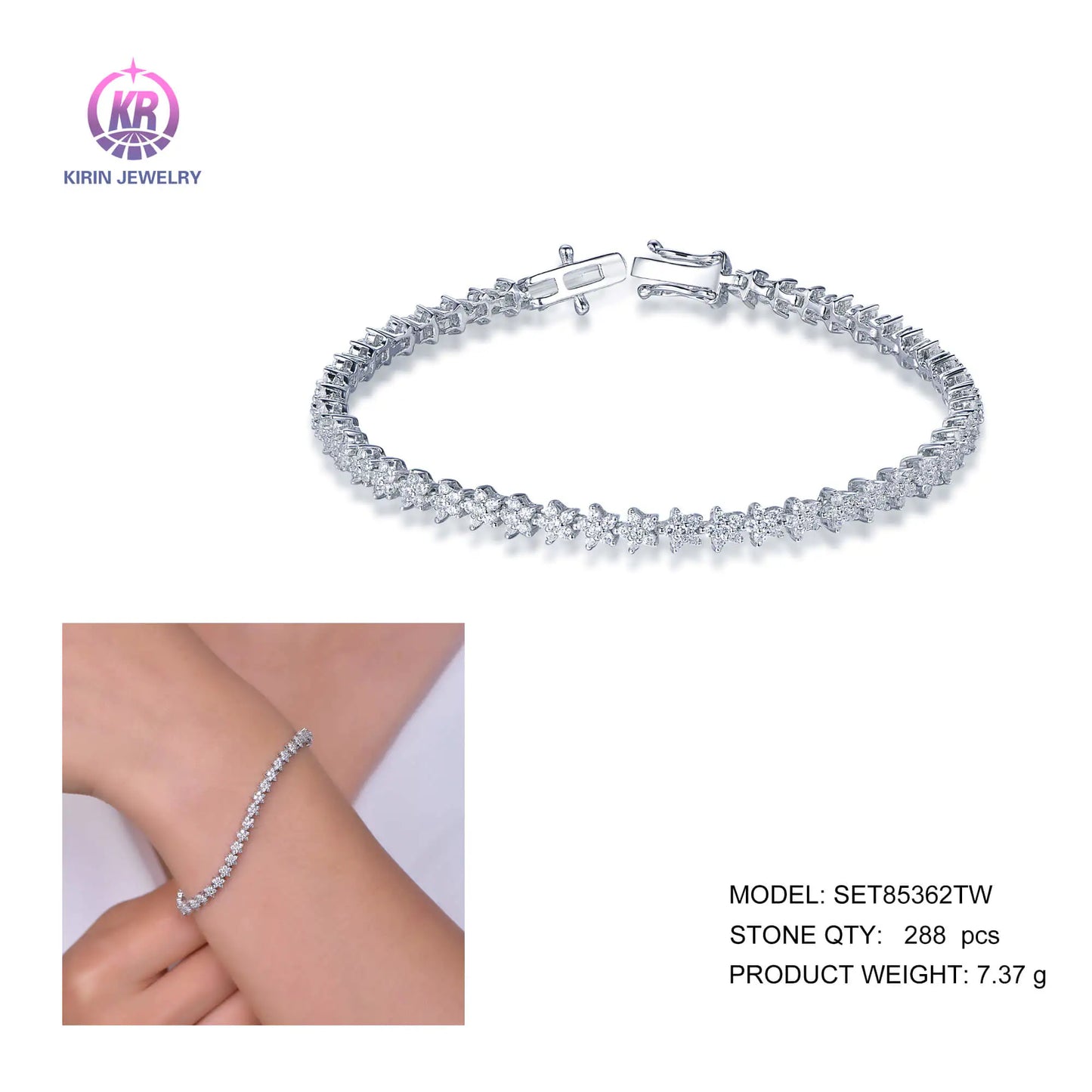 Custom 925 Silver CZ Lab Created Diamond Flower Tennis Bracelet for Women