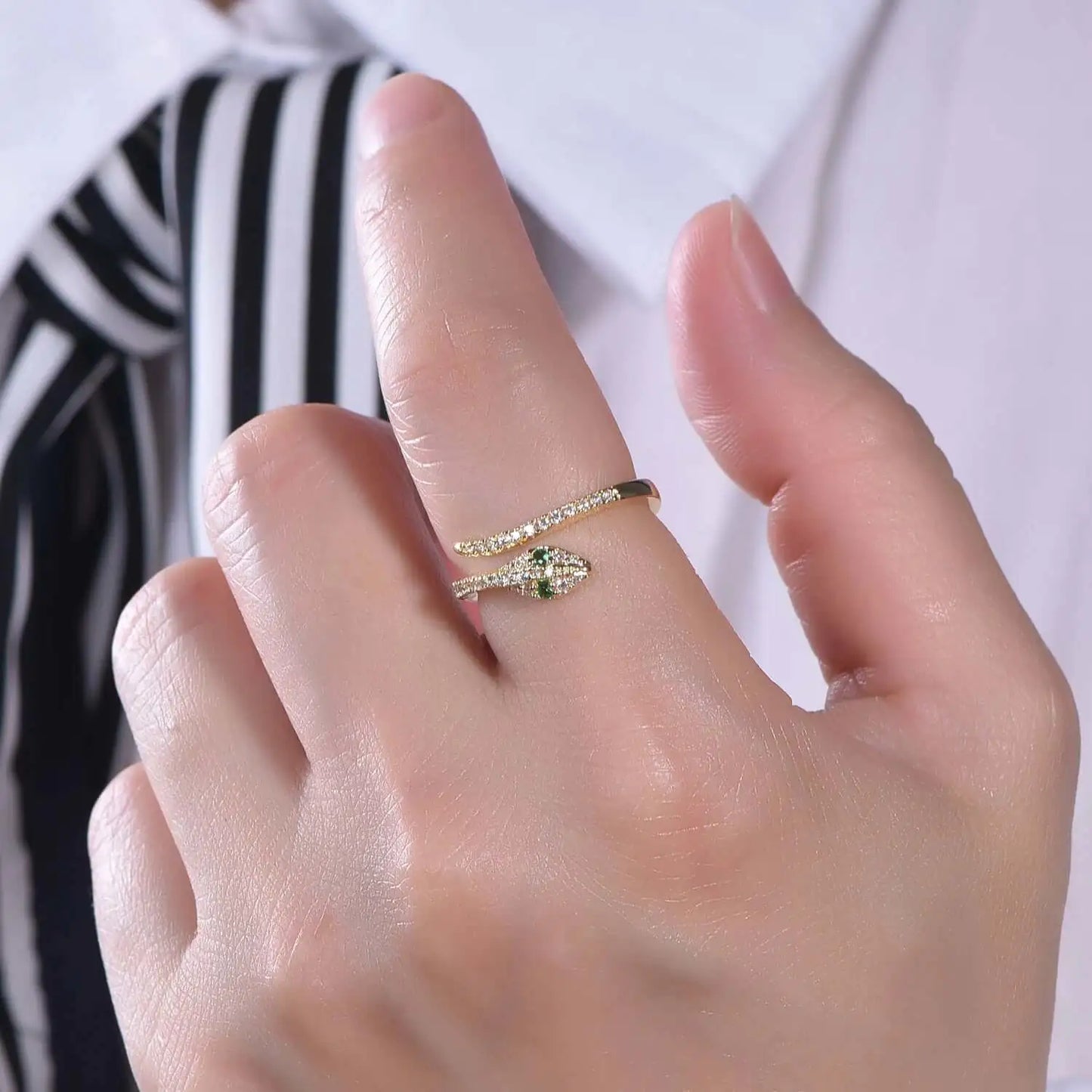 Custom Gold Plated Adjustable Open Created Emerald Snake Engagement Ring