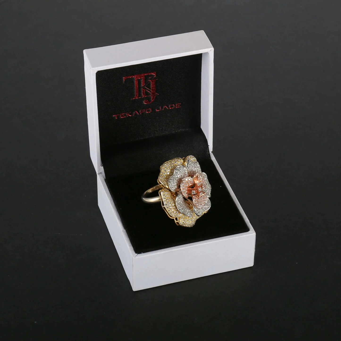 Custom Gold & White Gold & Rose Gold Plated CZ Cocktail Flower Shaped Engagement Ring