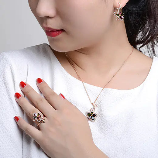 Custom Rose Gold Plated CZ & Corundum Colorful Floral Bridal Jewelry Sets for Women