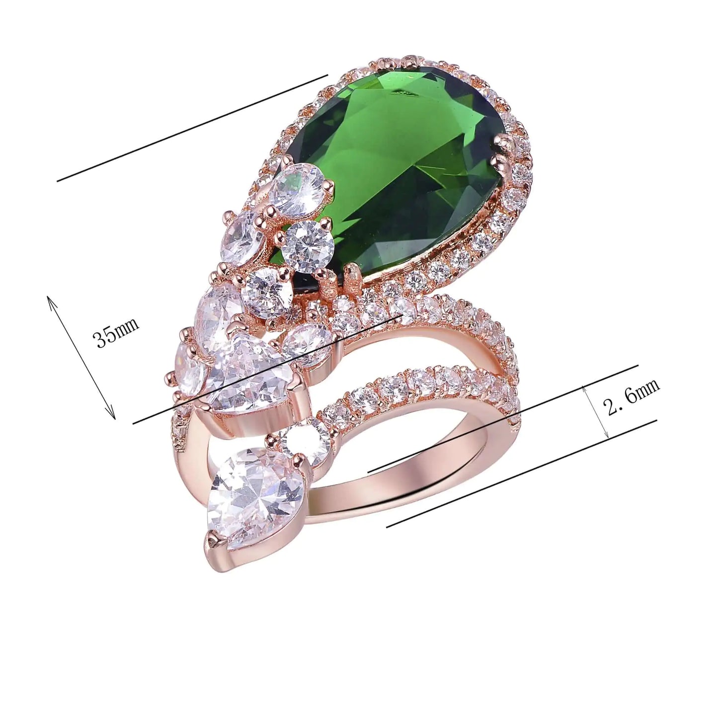 Custom Rose Gold Plated Statement CZ and Pear Shaped Emerald Engagement Ring