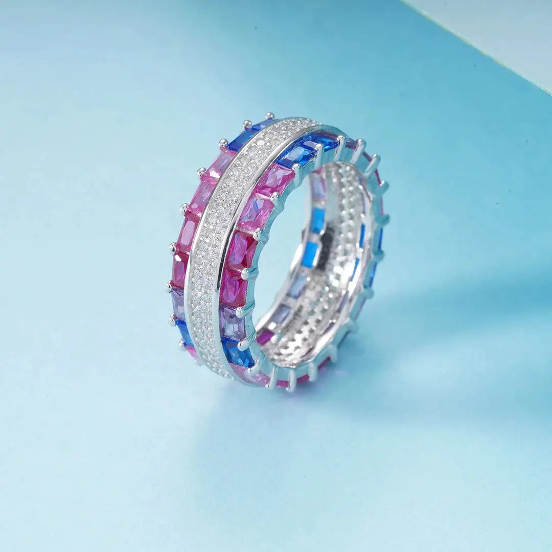 Custom Silver CZ & Corundum & Spinel Eternity 2 Row Baguette Multi Gemstone Engagement Rings