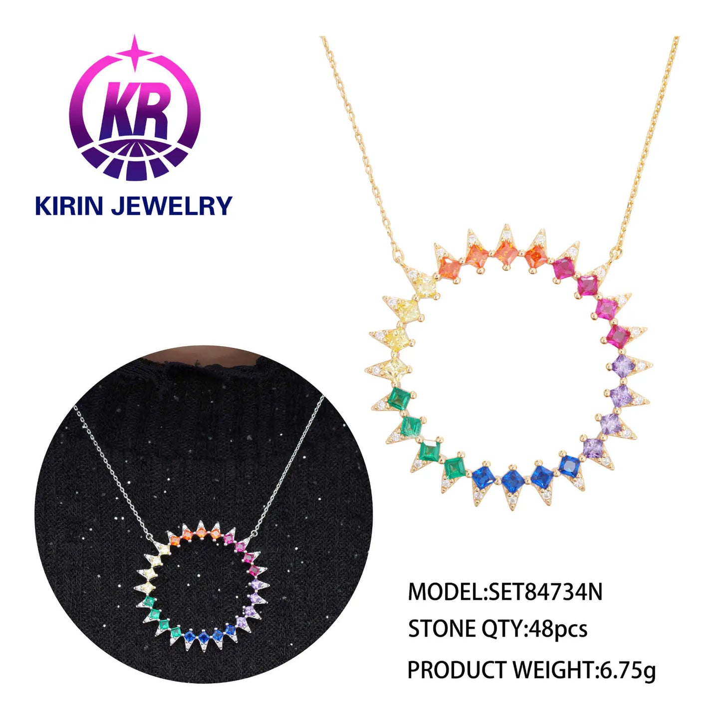 Custom Silver CZ & Corundum & Spinel Multicolor Pendant Bridal Rainbow Jewelry Set