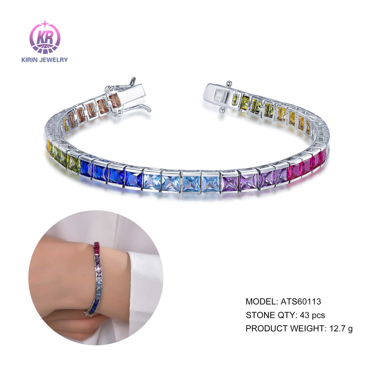 Custom Silver CZ & Glass & Corundum Rainbow Gemstone Tennis Bracelet for Women