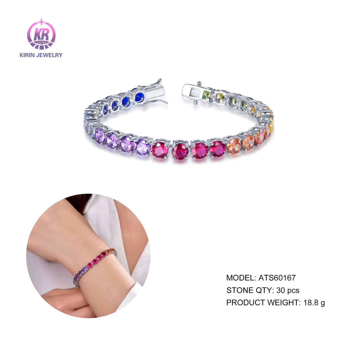 Custom Silver CZ & Glass & Corundum Rainbow Multicolor Tennis Bracelet for Women