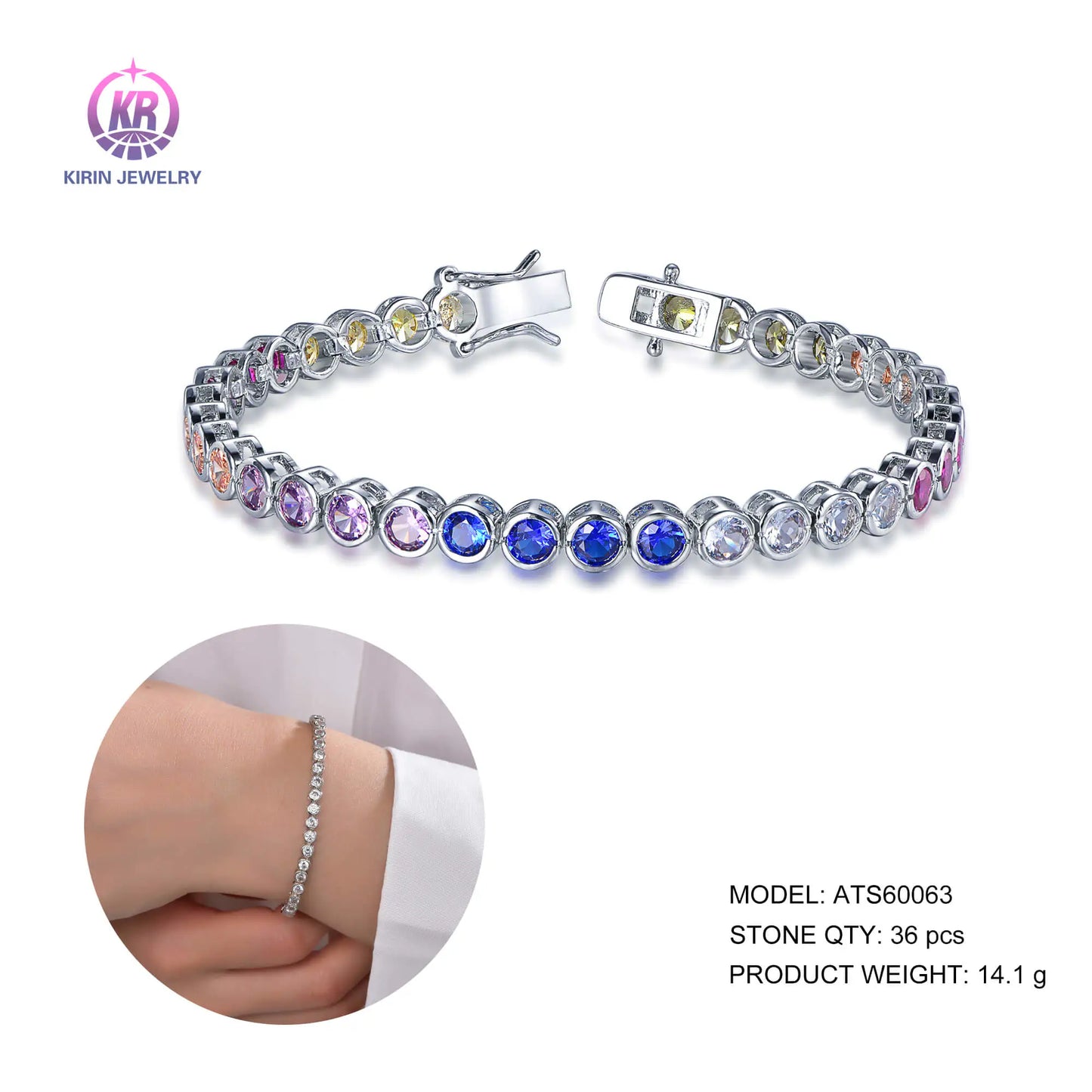 Custom Silver CZ & Glass & Corundum Round Multi Colored Gemstone Tennis Bracelet for Women