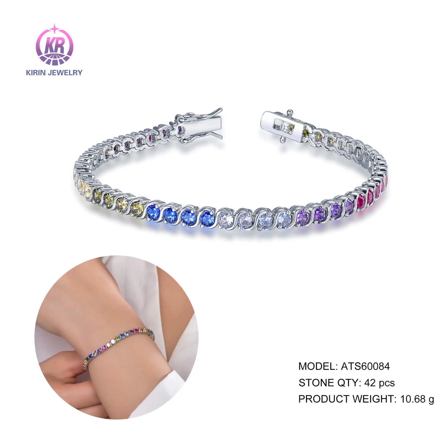 Custom Silver CZ & Glass & Corundum Round Multi Gem Stone Tennis Bracelet for Women