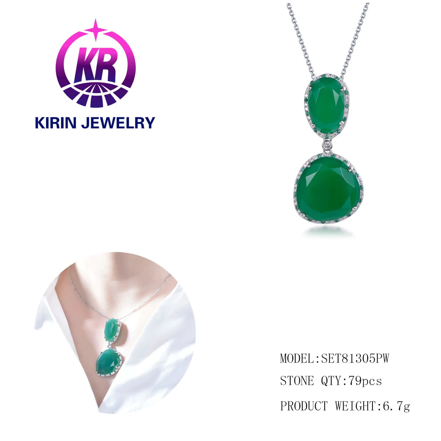 Custom Silver CZ & Glass Lab Created Emerald Pendant Simple Bridal Jewelry Set