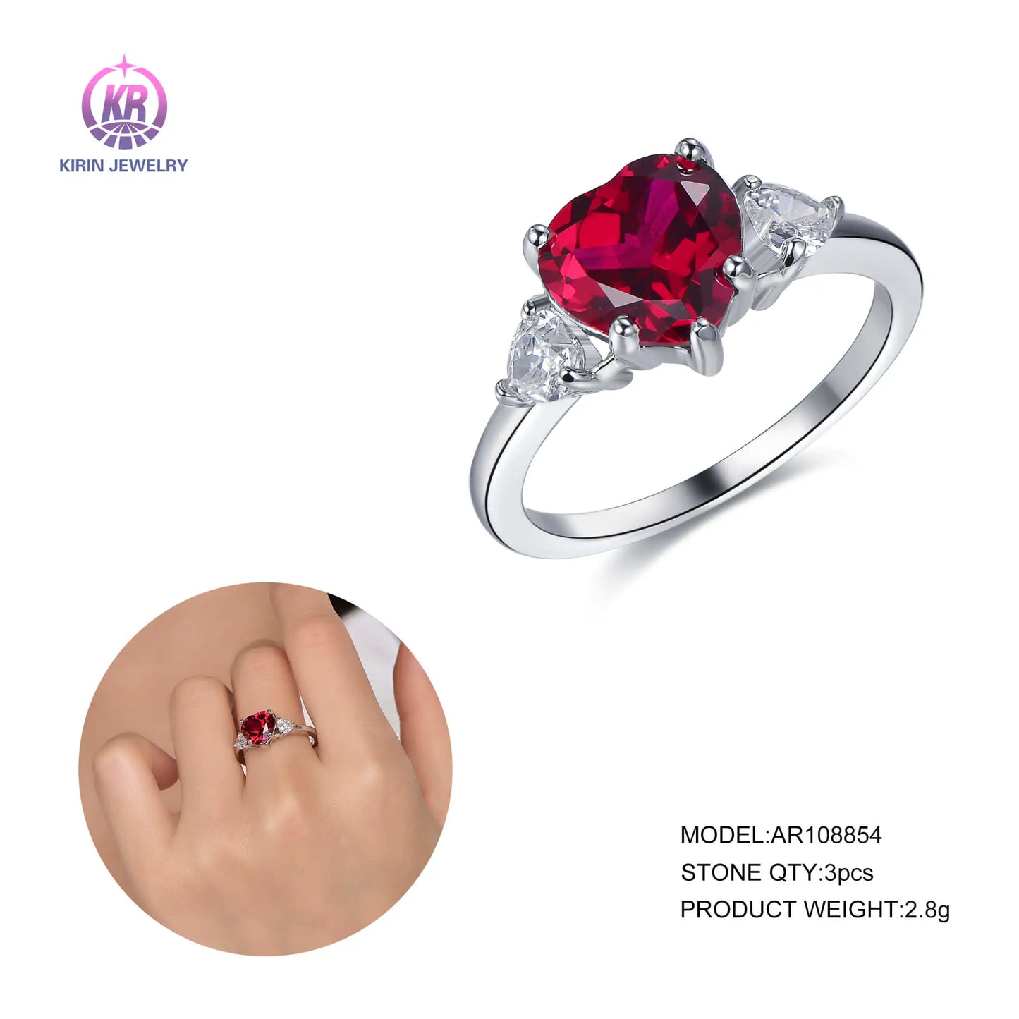 Custom Silver CZ and Corundum Heart Shape 3 Stone Vintage Ruby Engagement Rings for Women