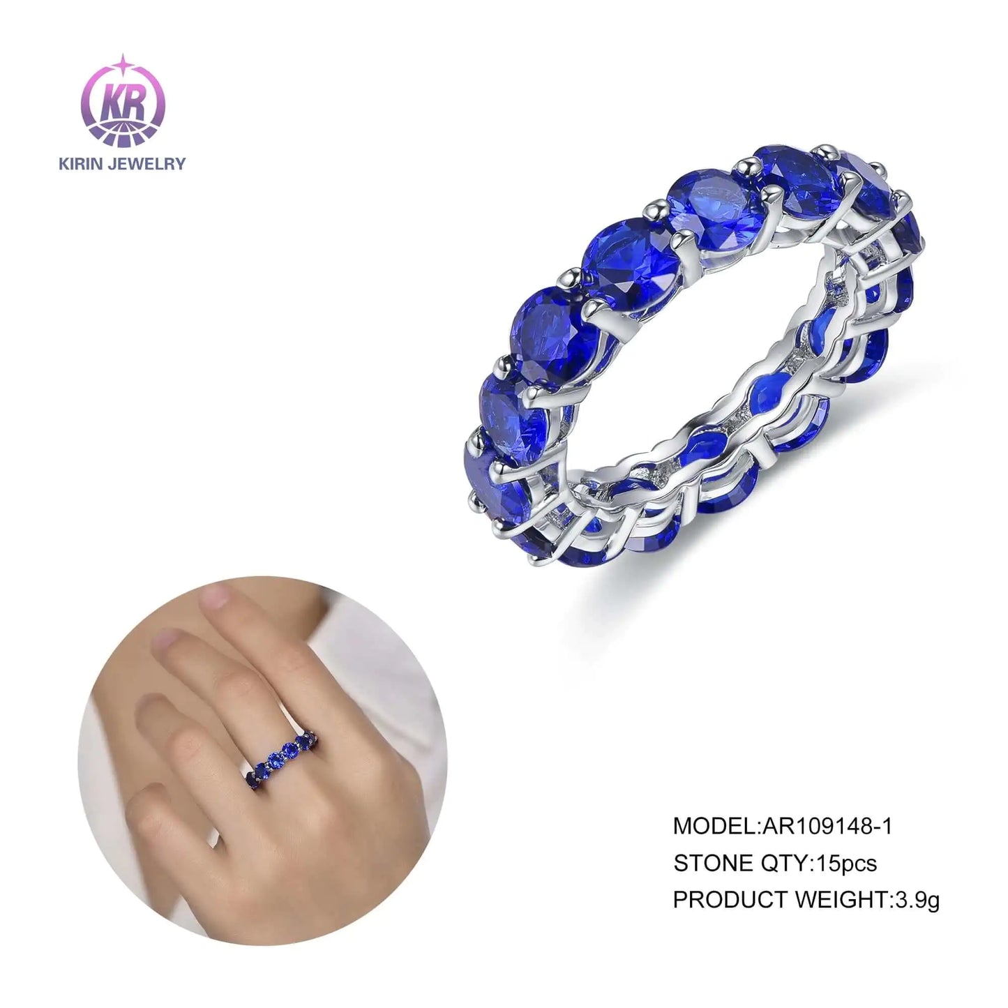 Custom Silver Corundum Eternity Round Cut Lab Created Blue Sapphire Engagement Band for Women