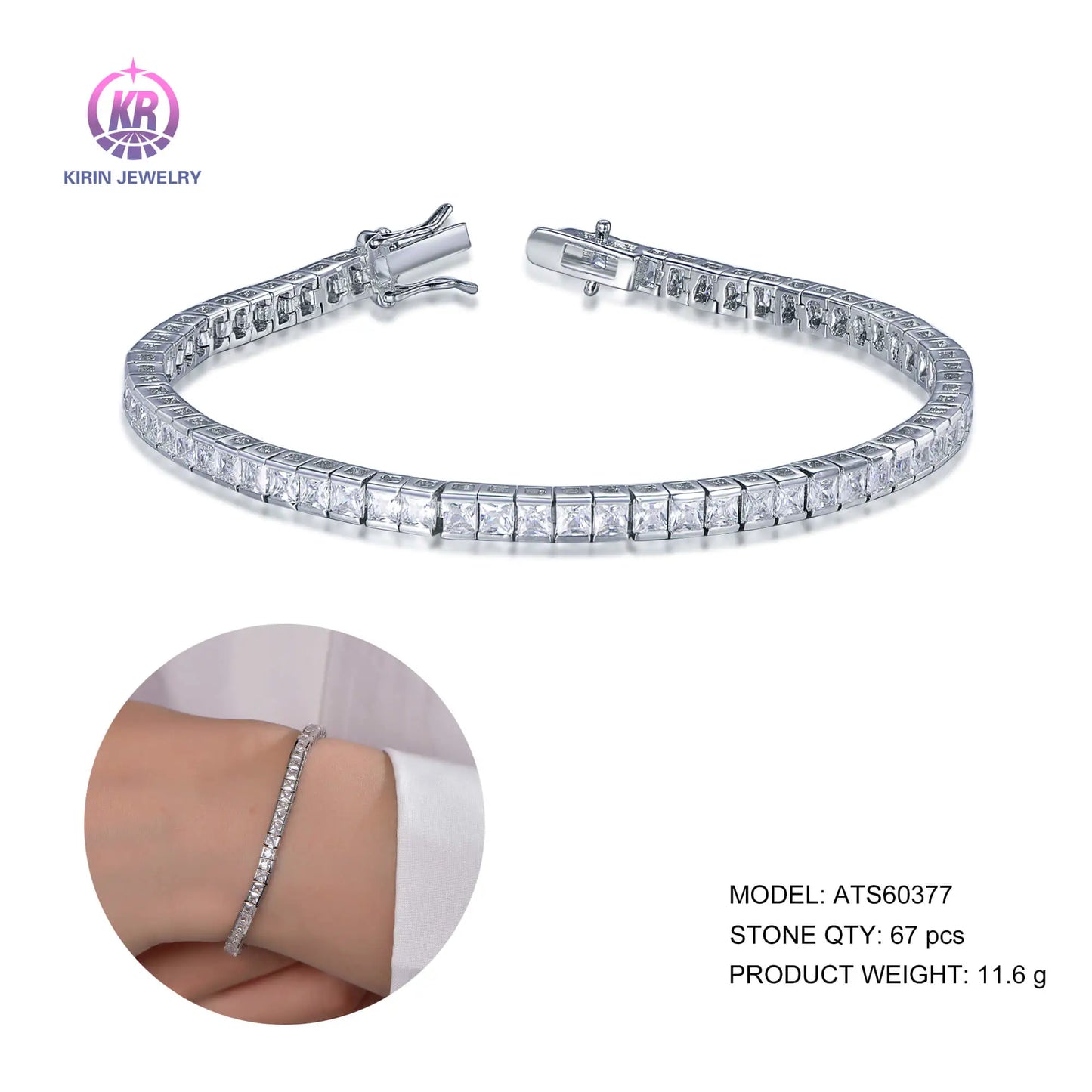 Custom Silver Cubic Zircon Lab Created Diamond Princess Cut Tennis Bracelet for Women