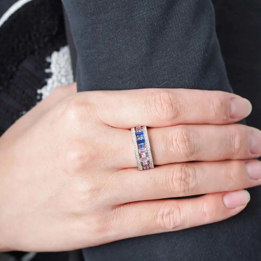 Custom Silver Eternity Multi Color Gemstone Rainbow Engagement Ring