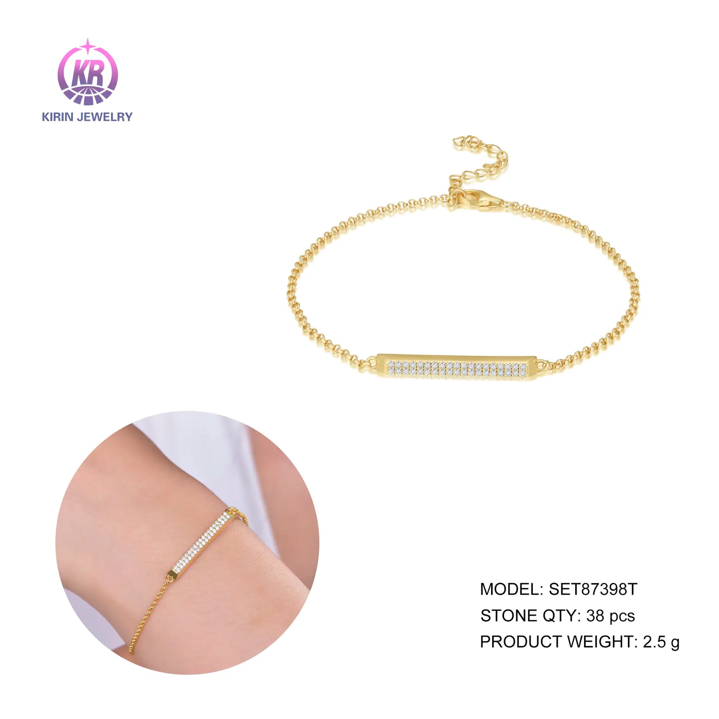 Custom Silver Gold Plated CZ Simple Adjustable Personalized Bar Bracelet for Women