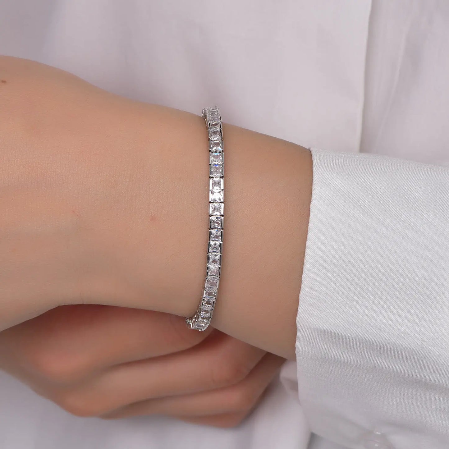 Custom Silver Lab Created Square Diamond Tennis Bracelet for Women
