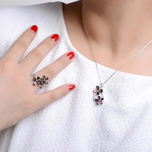 Custom Silver Mult-Color Gemstone Tear Drop Flower Bridal Jewelry Sets