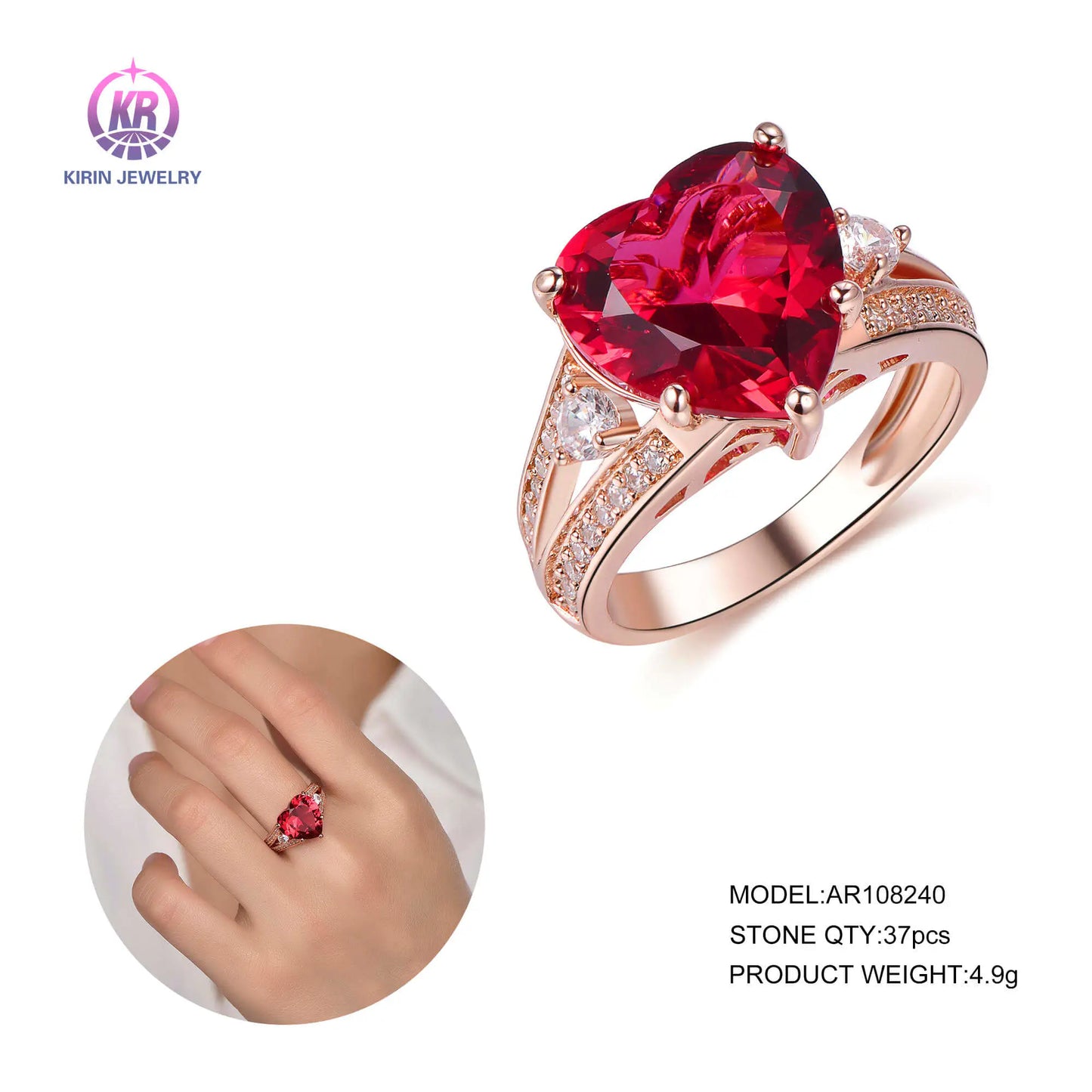 Custom Silver Rose Gold Plated CZ and Corundum Split Shank Created Ruby Heart Engagement Rings for Women