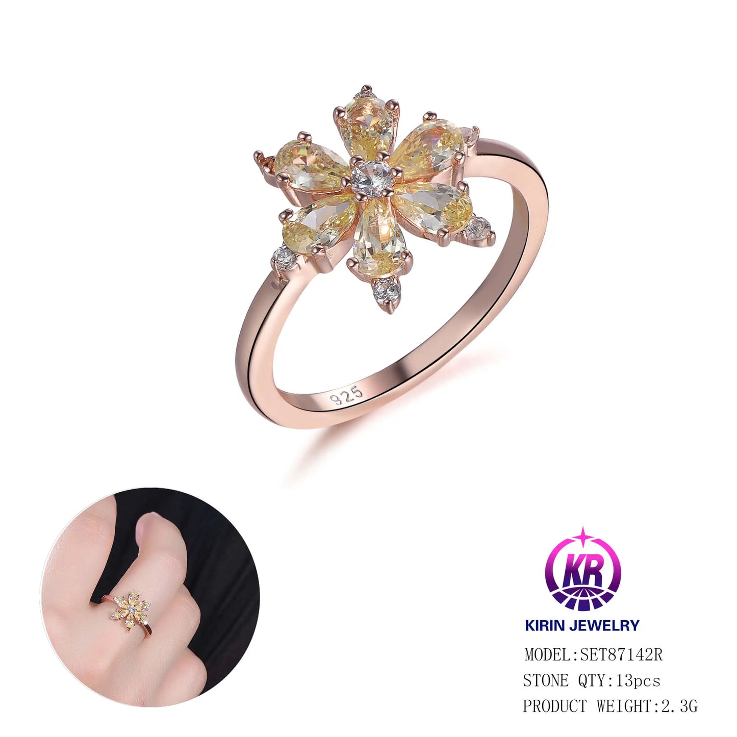 Custom Silver Rose Gold Plated Cubic Zircon Ring Yellow Snowflake Bridal Jewelry Set