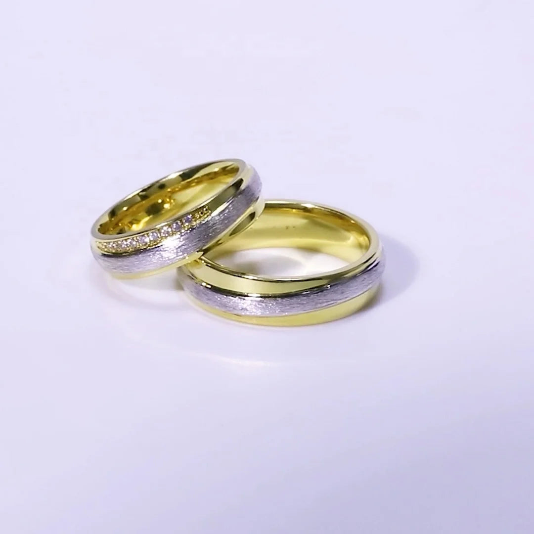 Custom White Gold & Gold Plated CZ Unique Couple Engagement Rings