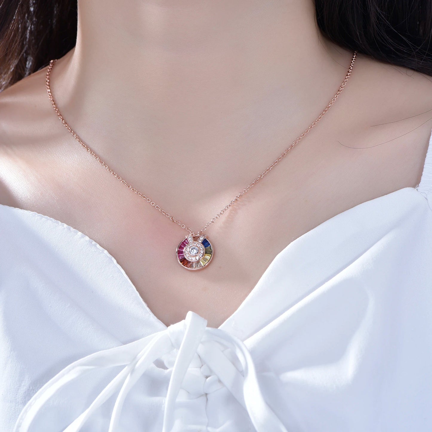 Gold Plated Paved Colorful Rainbow Stone Circle Pendant Sterling Silver Necklace for Women Dainty Choker Necklace Kirin Jewelry