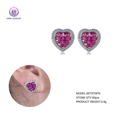 High Quality Invisible Inlaid diamond Ruby Heart Shaped Earrings Unique Simple Silver Stud Earrings Kirin Jewelry