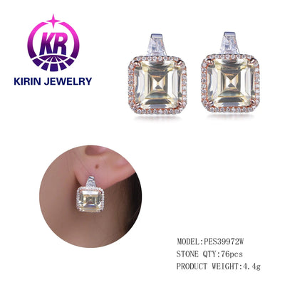 Ins Popular unique simple square sparkle diamond stud earrings designer Pendientes de plata de ley 925 para mujer Kirin Jewelry