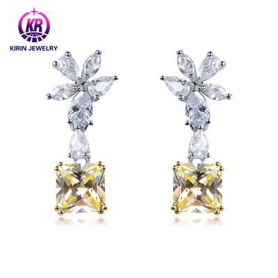Square cut 925 silver fine jewelry yellow CZ zirconia dangle earrings women hypoallergenic stone earrings Kirin Jewelry