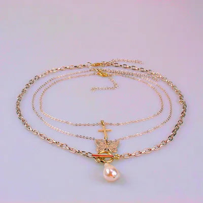 Vintage stainless steel Pearl necklace for Women Cross butterfly Necklace ladies valentine's necklace stainless steel Kirin Jewelry