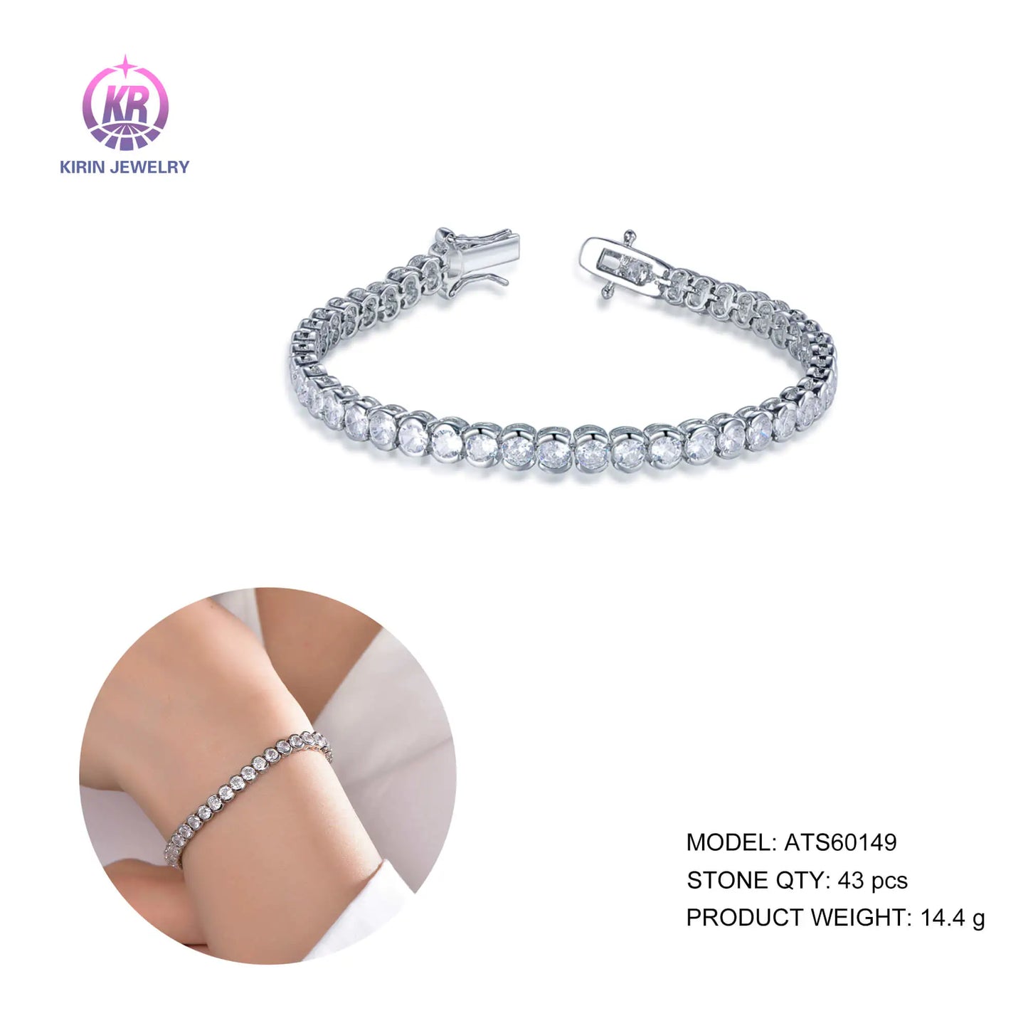 Wholelsale Silver Cubic Zircon Lab Created Diamond Round Tennis Bracelet for Women