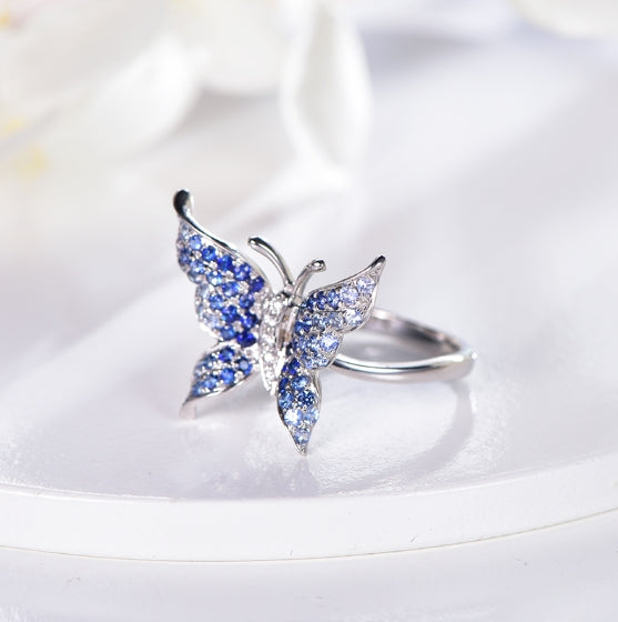 Wholesale 18K Gold Blue Crystal Statement Butterfly Gemstone Ring