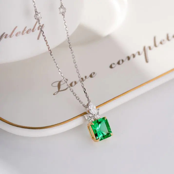 Wholesale 18K Gold Lab Created Diamond Emerald Square Pendant Necklace