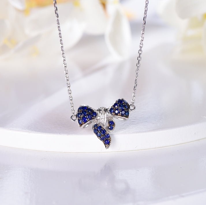 Wholesale 18K Gold Lab Created Sapphire Bow Pendant Necklace