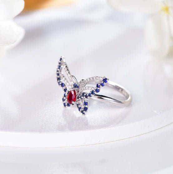Wholesale 18K Gold Simulated Ruby & Sapphire Small Butterfly Ring