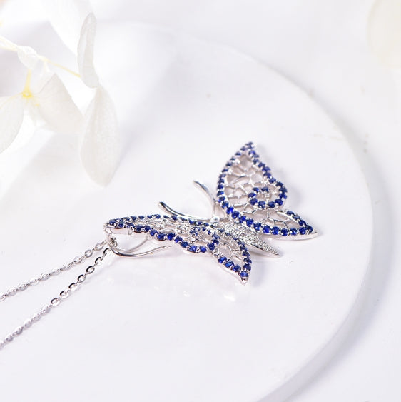 Wholesale 18K Gold Simulated Sapphire Hollow Vintage Butterfly Necklace