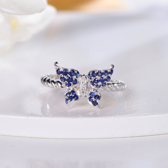 Wholesale 18K Gold Twisted Rope Band Gemstone Blue Butterfly Ring