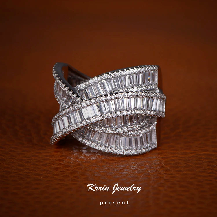 Wholesale 925 Silver CZ Crossover Unique Wide Band Engagement Rings