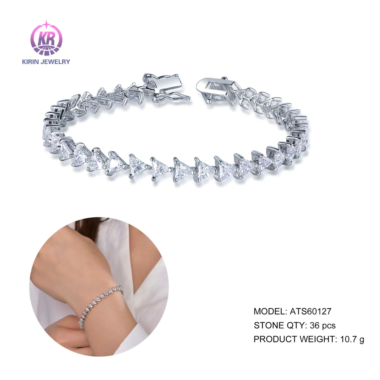 Wholesale 925 Silver Cubic Zircon Created Triangle Diamond Tennis Bracelet for Women