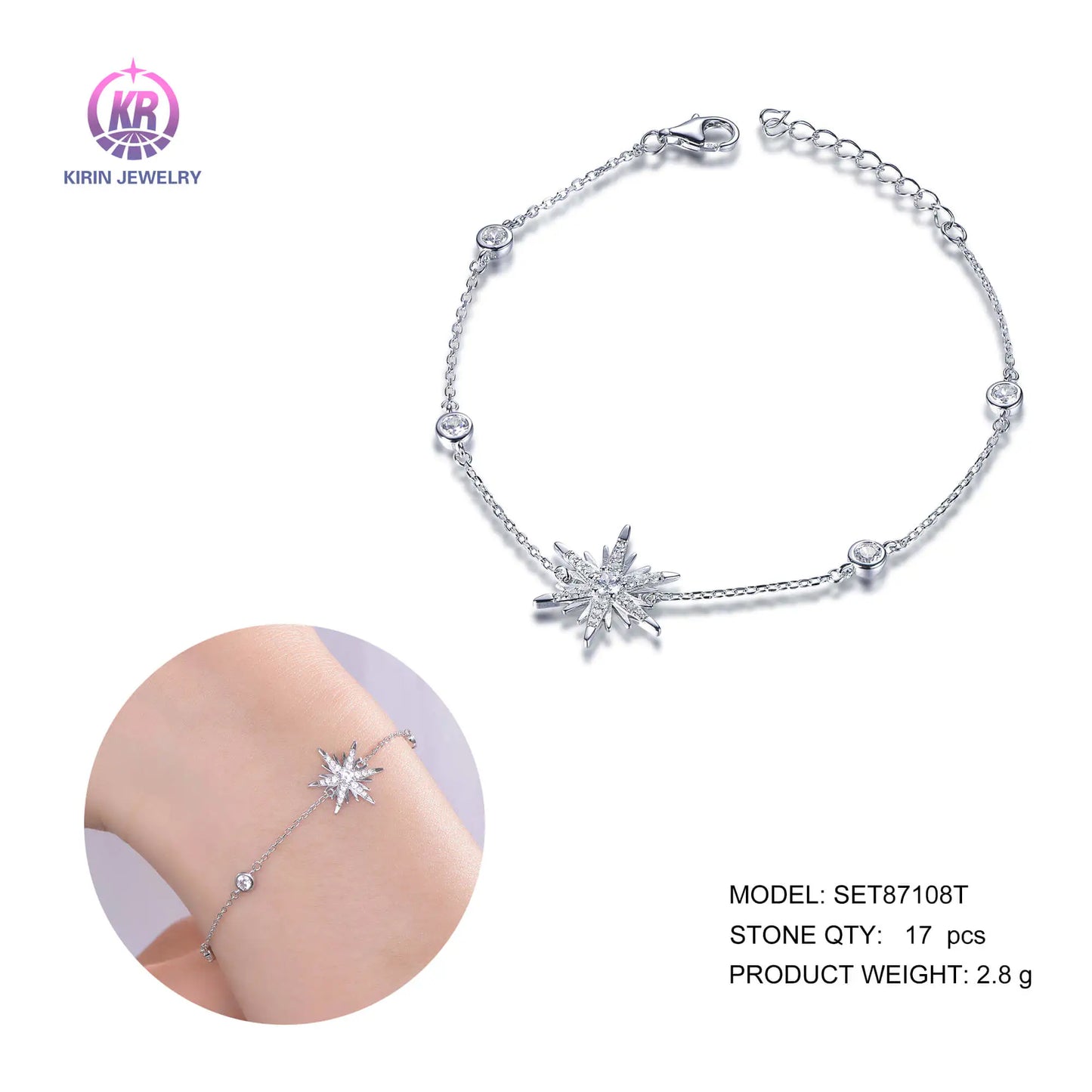 Wholesale 925 Silver Cubic Zircon Simulated Diamond Simple Starburst Bracelet for Women