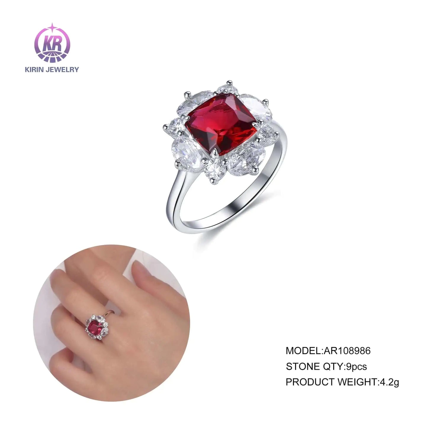 Wholesale 925 Silver Cubic Zirconia and Cushion Cut Created Ruby Floral Engagement Rings for Women