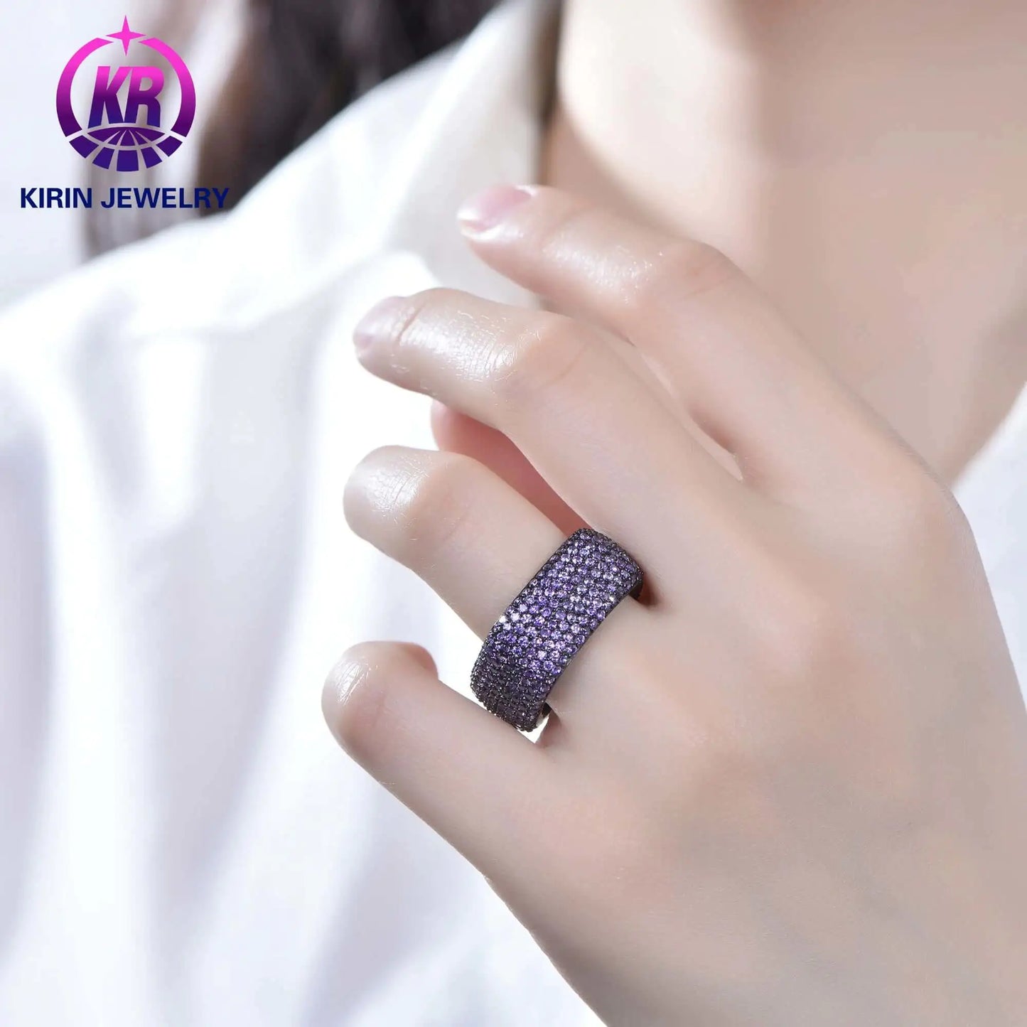 Wholesale Black Plated Deep Purple CZ Eternity Square Amethyst Engagement Ring for Women